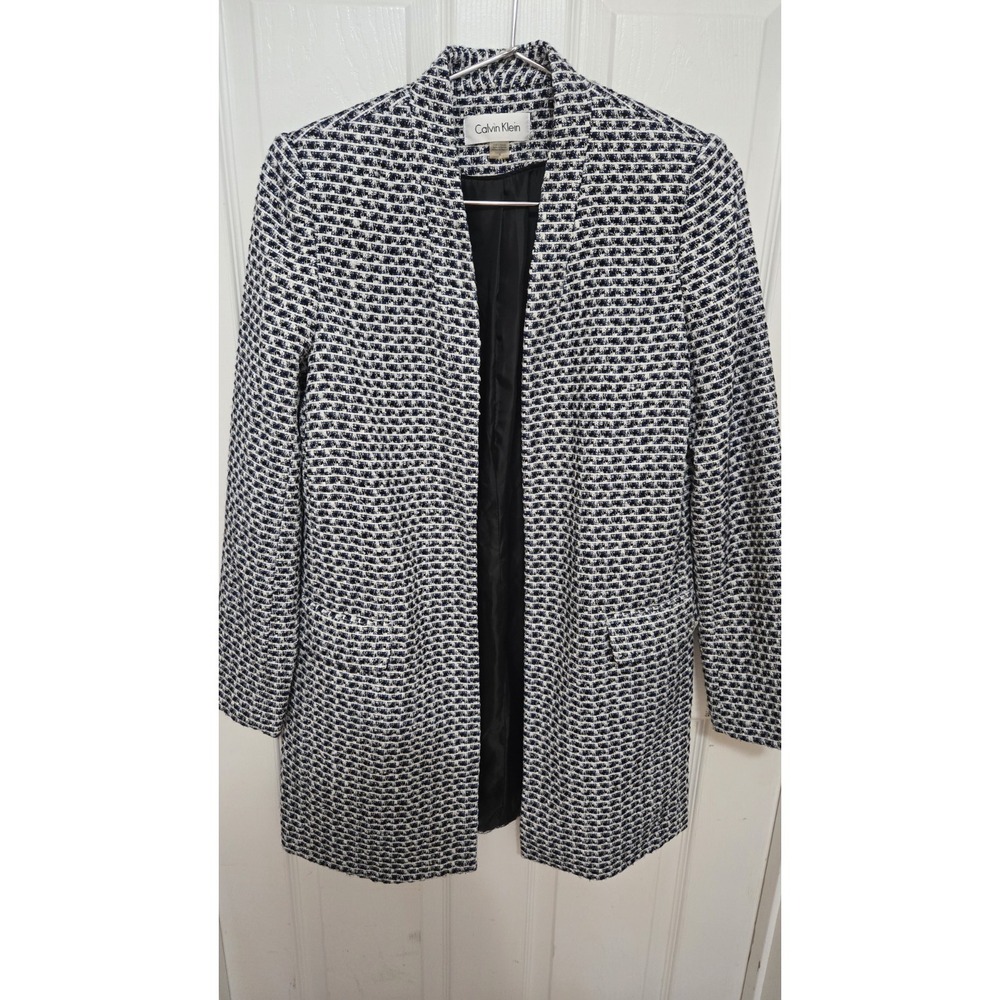 Calvin Klein Women Tweed Knit Jacket Blazer 8 Navy White Metallic S7DJR332